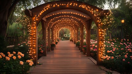 Fototapeta premium Illuminated wooden archway pathway through a rose garden at dusk.