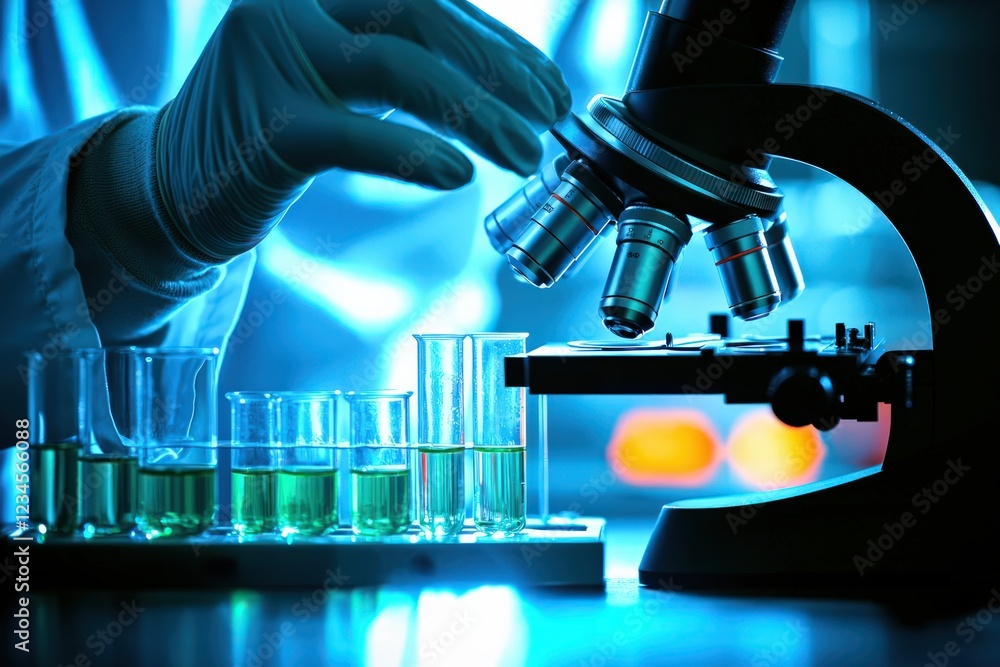 Poster scientist in laboratory using microscope to analyze green liquid in test tubes
