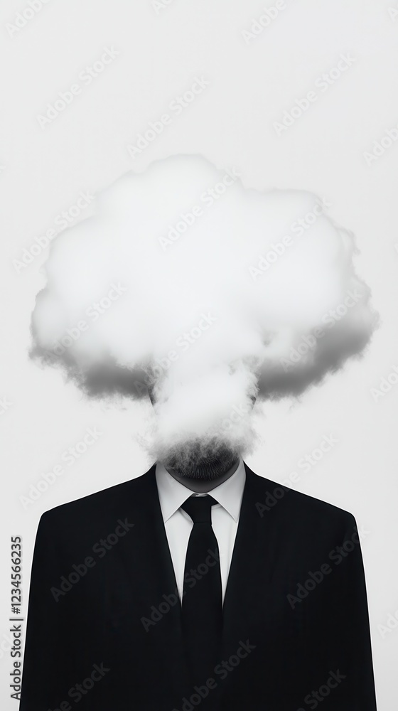 Poster contemplative individual surrounded by clouds minimalist studio setting digital introspective concep
