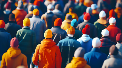 A sea of colorful winter hats in a crowd of people walking forward creating a vibrant and anonymous urban backdrop for a sense of motion and collective identity