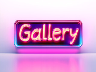 Neon sign with the word gallery in pink and blue light glowing against a bright background.  