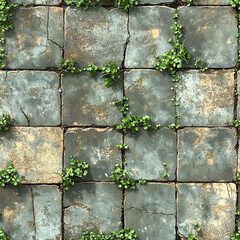 Seamless cracked stone pavement with green moss and small plants growing between the bricks