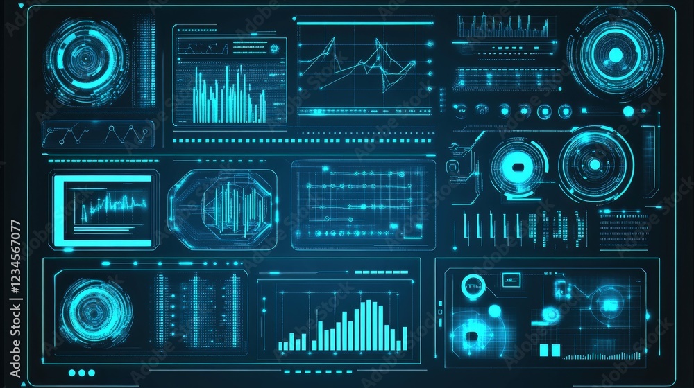 Fototapete futuristic digital dashboard displaying data analytics, graphs, and charts on a dark background for 