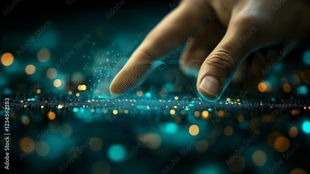 Poster fingertip interacts with digital data, futuristic background