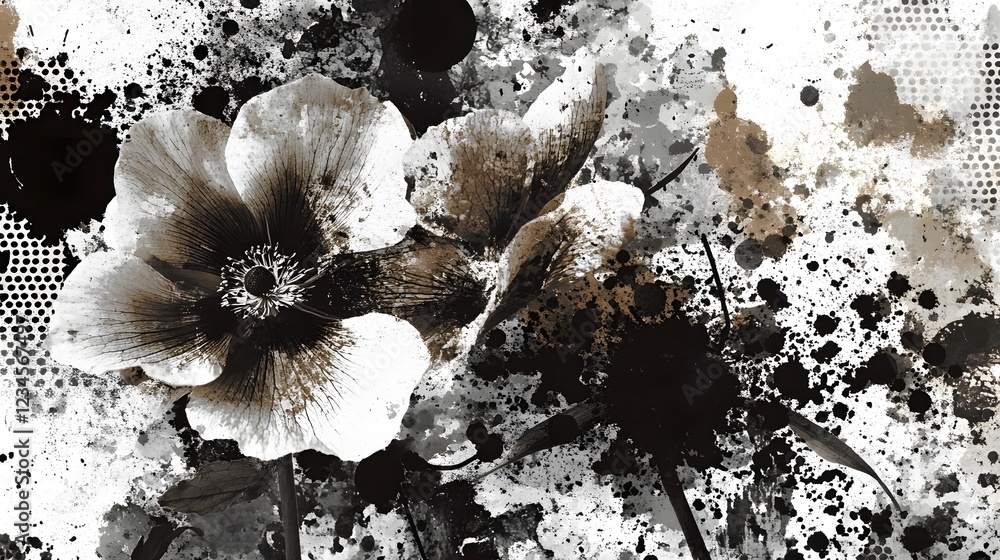 Aufkleber monochrome floral bouquet with dramatic textures splatter effects and a moody contemporary aesthetic  This visually striking image combines organic elements with a bold experimental approach