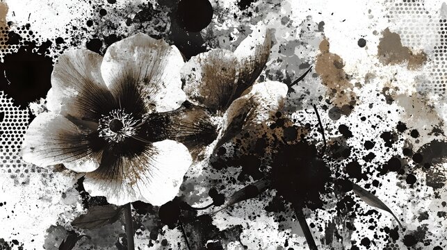 monochrome floral bouquet with dramatic textures splatter effects and a moody contemporary aesthetic  This visually striking image combines organic elements with a bold experimental approach