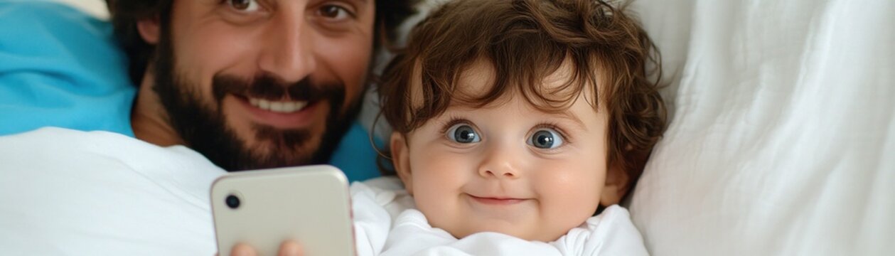 A father recording his babys first words on a smartphone, preserving precious childhood memories, the cute baby has curly brown hair and big blue eyes looking directly at the camera, the father has