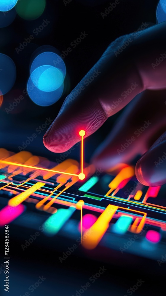 Poster close-up of a human finger touching a colorful data visualization interface on a digital screen