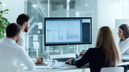 Business team working together analyzing charts and graphs displayed on a large computer screen during a productive meeting in a modern office environment