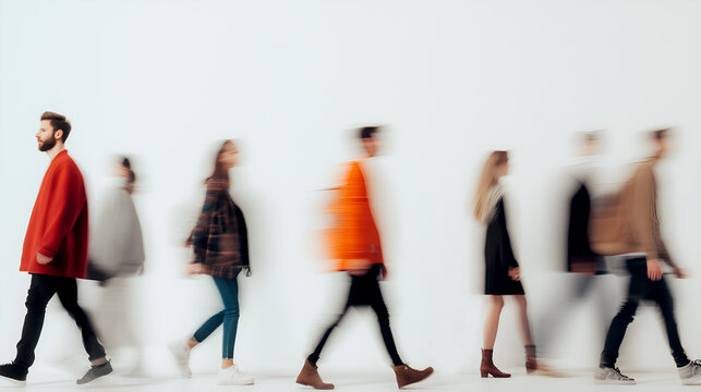 Abstract motion blur of diverse people walking in a row in a white backdrop, symbolizing urban life and movement in a fast-paced world