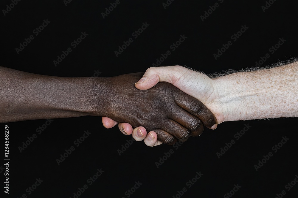 Poster handshaking for unity global connection dark background close-up human connection