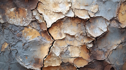 Fototapeta premium Close up abstract texture of cracked and weathered painted surface with a rough and textured background and warm brown and beige colors. Use it for digital design or interior design.