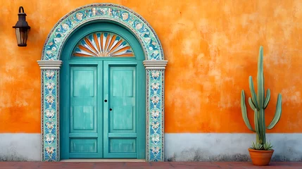 Vibrant teal arched doorway with terracotta wall and cactus 