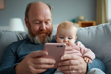 Discover modern fatherhood, a dad uses his smartphone to find baby care tips while feeding his adorable child, demonstrating a perfect balance of technology and parental love This snapshot highlights