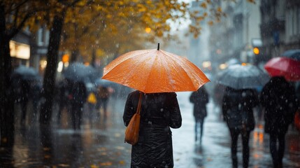 Rainy City Street - Woman with Orange Umbrella - Crowded Pedestrian Scene