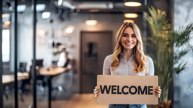 Smiling businesswoman holding a welcome sign in modern office interior, inviting, approachable, and welcoming for visitors or guests