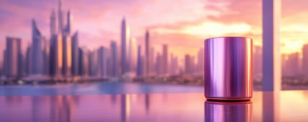 Experience a glimpse of the future with a sleek, metallic object situated against a backdrop of a futuristic cityscape at sunset Visualize an innovative online meeting space utilizing real-time