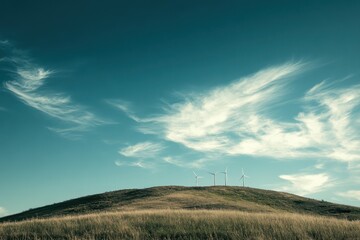 Obraz premium Wind Turbines on a Hill Under a Blue Sky