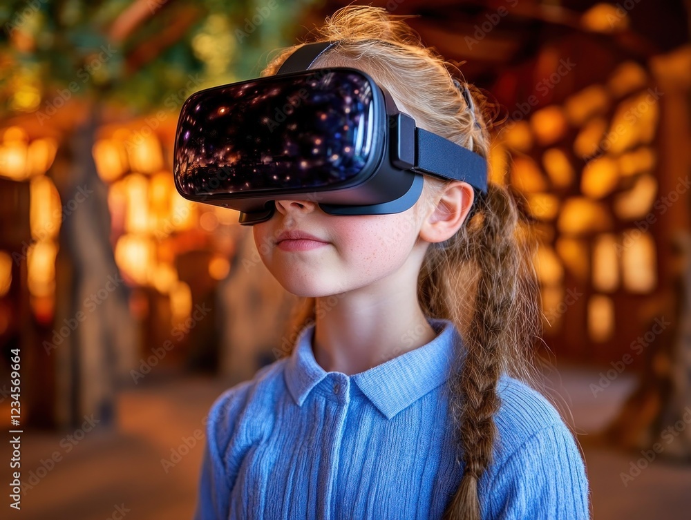 Poster experience immersive learning with a student using vr goggles to explore a virtual history lesson in