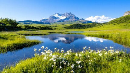 Mountain lake reflection, wildflowers, sunny alpine meadow