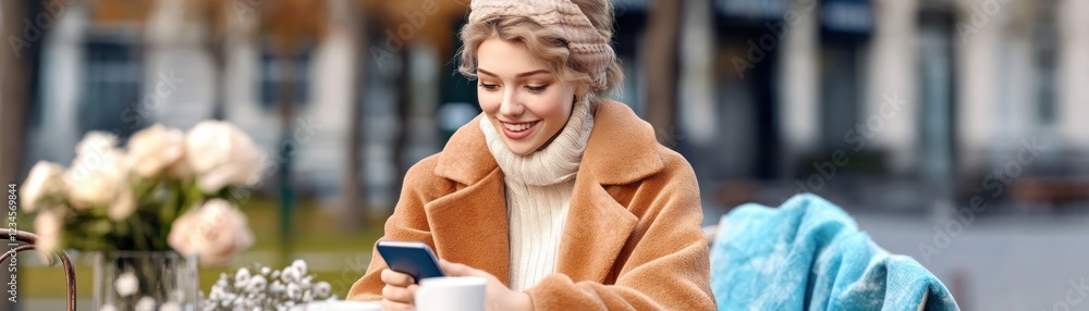 Poster experience seamless mobile education with a student completing an online degree in a cozy coffee sho