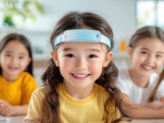Explore a cutting-edge online classroom where students use AR/VR for an engaging and immersive learning experience, fostering a modern educational approach Three smiling girls are shown, one with a