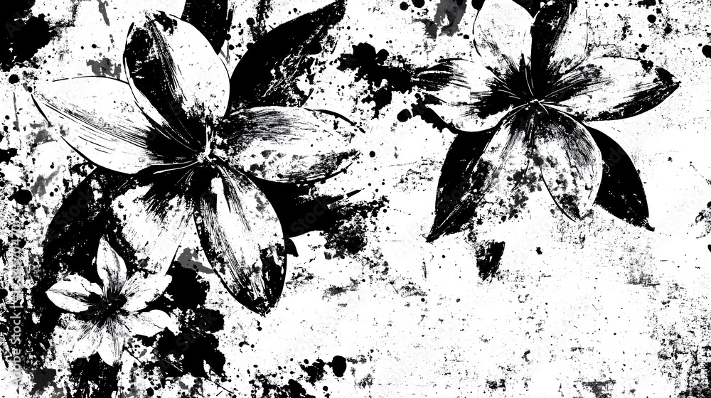 Aufkleber Mysterious and elegant floral minimalism in a captivating monochrome composition  Delicate petals and leaves create a serene contemplative and beautifully textured botanical backdrop