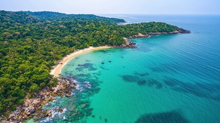 Fototapeta premium A radiant summer coastline with cliffs covered in lush greenery overlooking sparkling turquoise waters. Waves crash gently against the rocky shore as seagulls soar overhead. The sunlight shimmers 