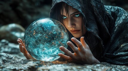 Naklejka premium Mysterious woman with glowing crystal ball.