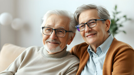 old couple with glasses, sitting close together, smiling, 3d. Generative AI