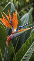 Stunning bird of paradise flower with vibrant orange and blue colors, surrounded by lush green leaves
