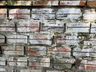 Weathered brick wall with peeling paint and moss growth