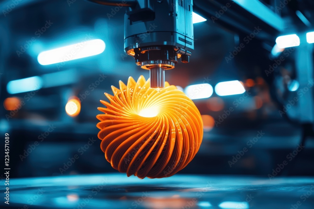 Poster close-up of a 3d printer creating an innovative orange spiral design in a modern workshop
