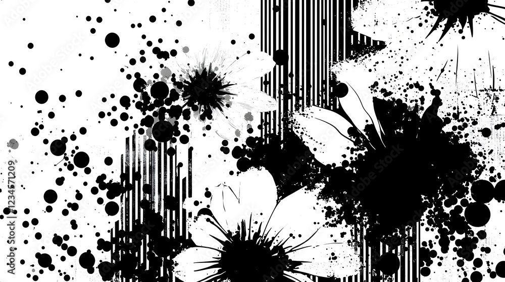 Poster Striking abstract artwork featuring a dynamic composition of dark splatters blots and particle effects in a minimalist monochrome palette  This digital showcases an experimental