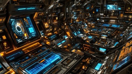 Futuristic spaceship interior control room; complex technology; glowing displays; background activity; sci-fi film use