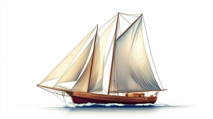 Obraz premium Sailing vessel illustration, white background, calm sea, sunlit sails