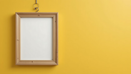 Empty Wooden Frame Hanging on a Vibrant Yellow Wall Suspended by a Brass Hook