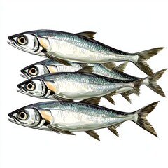 Fototapeta premium Fresh Sardines Swimming Together in a Clear Ocean Water Environment, Showcasing Their Silvery Scales and Bright Eyes