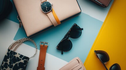 Stylish flat lay composition of women's fashion accessories on a colorful background