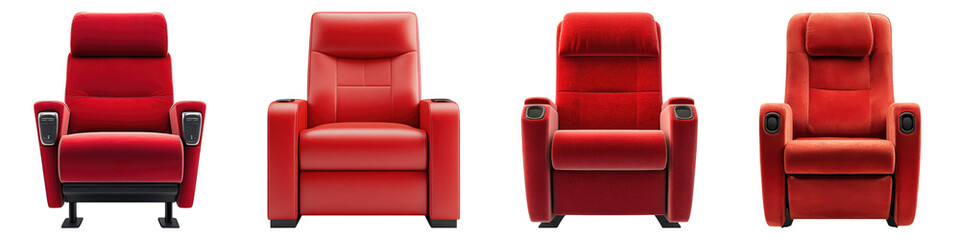 Red cinema chair isolated on transparent background, PNG, Set of