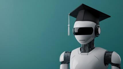 Futuristic AI Powered Robot Graduate Assistant with Cap Displaying Modernized Education Funding Solutions Concept