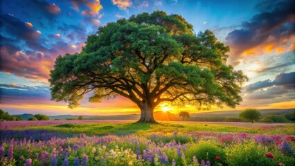 Fototapeta premium A majestic oak tree with a sprawling canopy and vibrant green leaves against a warm sunset backdrop, surrounded by colorful wildflowers and lush foliage, scenery, wildlife
