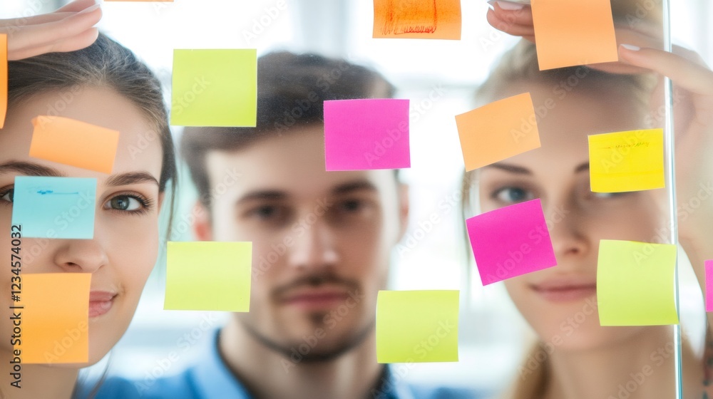 Poster Business colleagues using colorful sticky notes during a creative brainstorming session, working together on a project and sharing innovative ideas in a modern office