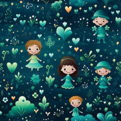 A  pattern for St. Patricks Day, featuring leprechauns, dancing shamrocks. bright and lively, with a playful mix of greens and other festive colors