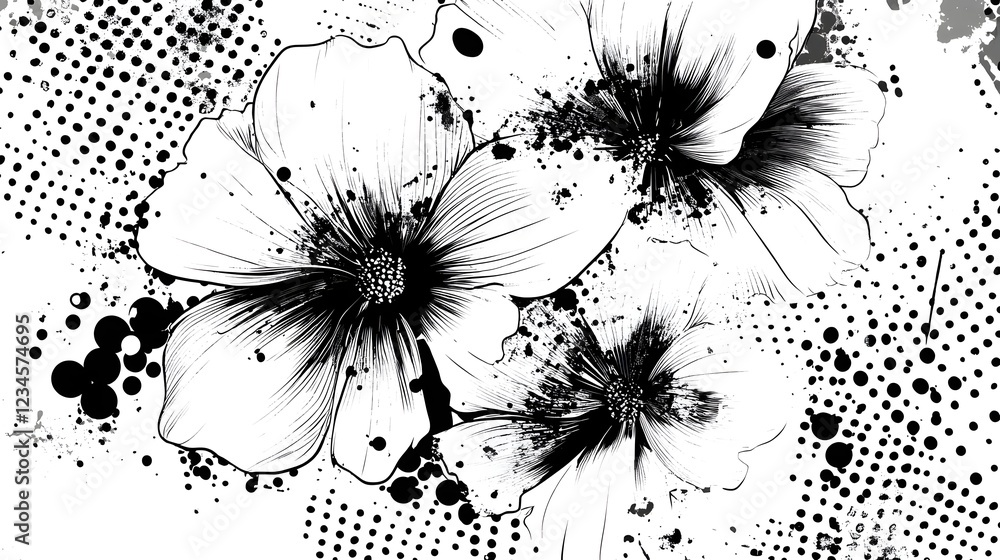 Poster striking monochrome abstract floral painting with dynamic ink splashes blots and organic botanical e