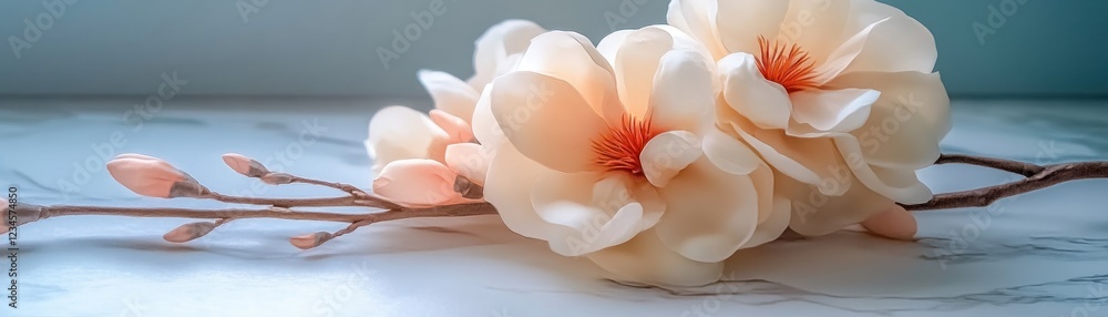 Aufkleber this image showcases delicate peach-colored flowers on a branch resting on a marble surface, creatin
