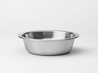 A shiny, metallic bowl sits on a plain background, showcasing its sleek design and smooth surface, ideal for various culinary uses.