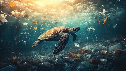 Fototapeta premium Sea turtle navigating polluted ocean waters 