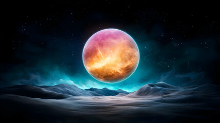 Obraz premium Alien planet, fiery atmosphere, snowy landscape, cosmic background; science fiction art