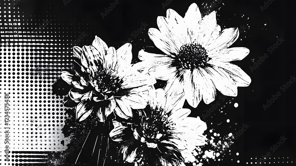Poster striking monochrome floral image featuring a close up of delicate white daisy or chrysanthemum petal